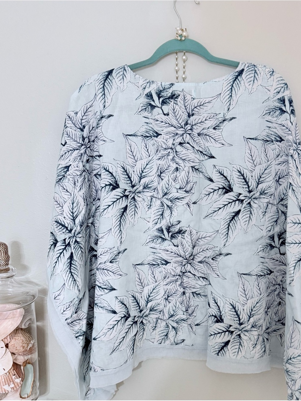 Peck & Peck Womens Top XL blue linen floral tropical batwing short sleeve EUC - Picture 6 of 14